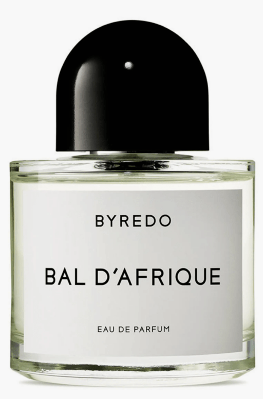 bottle of perfume entitled "Bal d'Afrique" by Byredo; round black top with white label and black writing