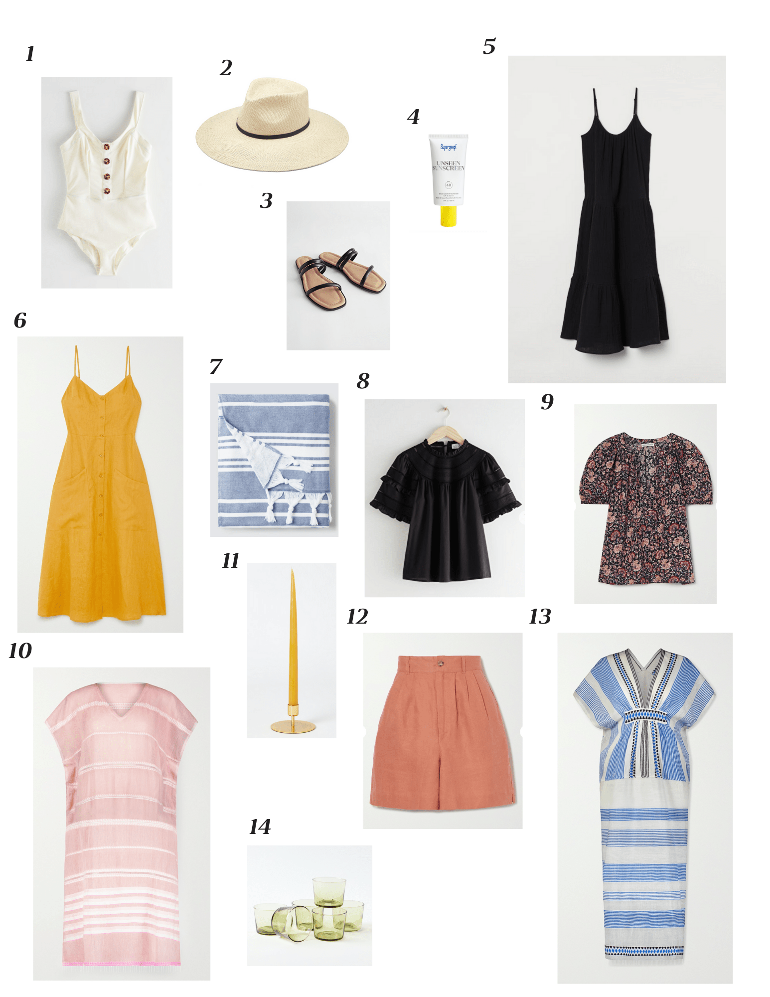collage of photos featuring a wishlist of summer clothing and home goods