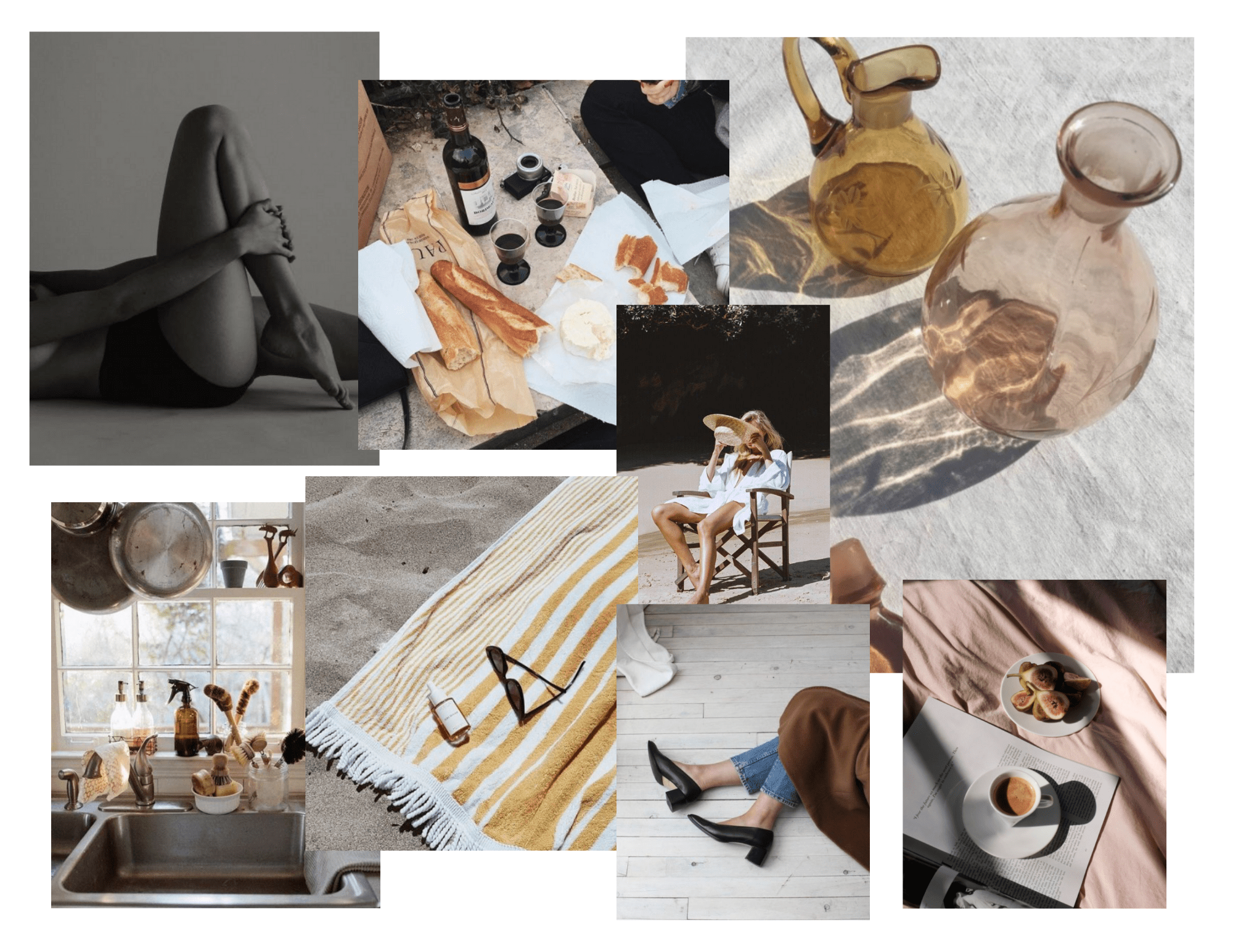 collage of images to inspire fall mood, glass pitchers, woman on beach chair, coffee on table, fall heels jeans and shoes, yellow and white striped beach towel with sunglasses, kitchen sink, bread wine and cheese, yoga pose