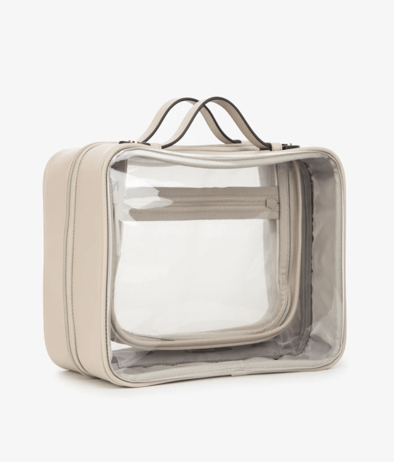 clear cosmetic travel case with white leather trim