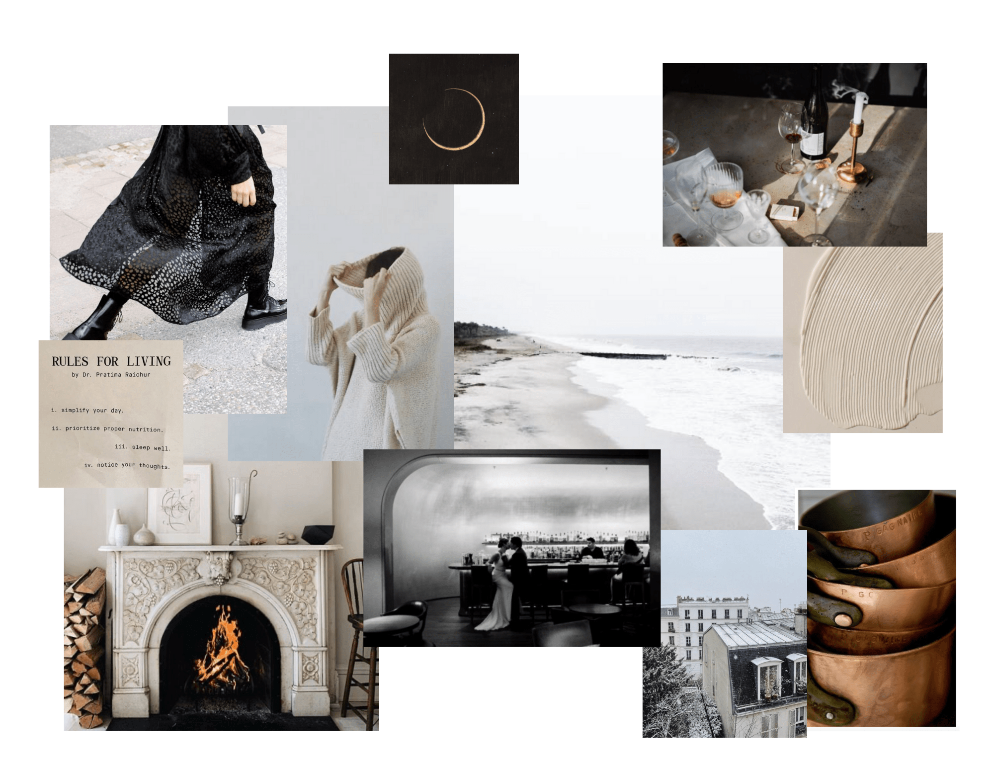 collage of images in cream and black tones to evoke a cozy mood