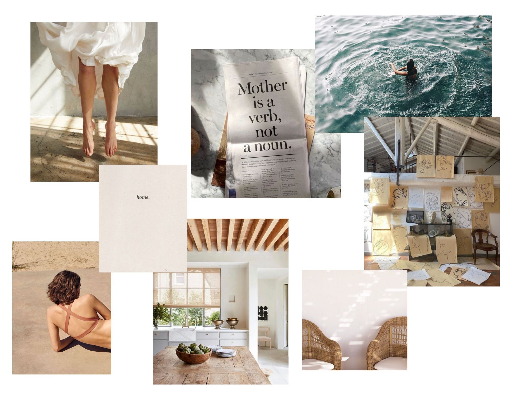 collage of photos depicting summer mood. woman on beach, woman jumping barefoot, photo with words home, two wicker chairs, woman swimming in water, art strewn on wall, kitchen, newspaper reading mother is a verb not a noun.