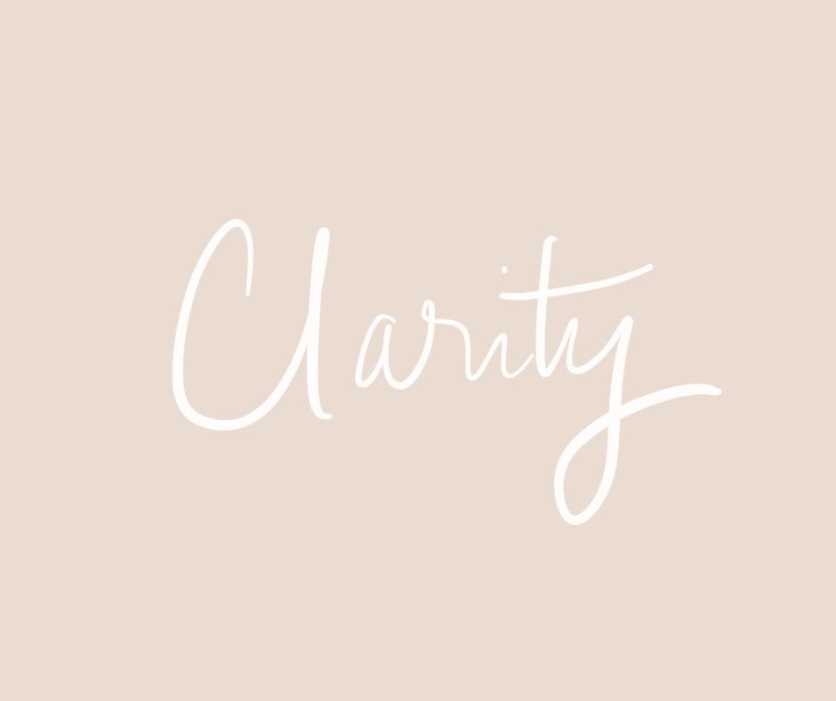 white handwriting on blush background that reads clarity