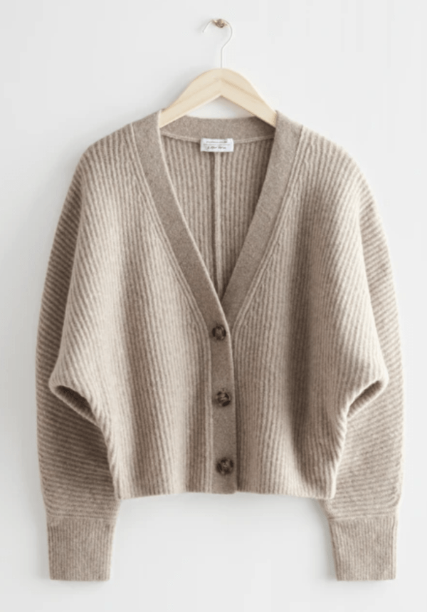 beige knit cardigan with 3 buttons