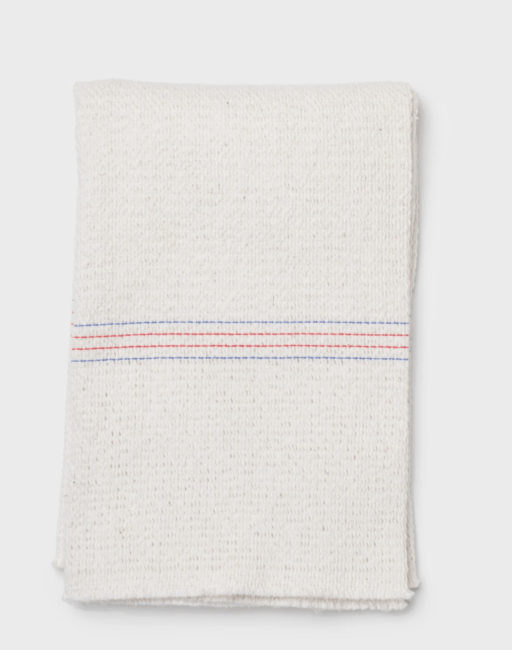 cleaning cloth with two thin blue stripes and one thin red stripe in the middle