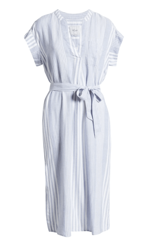 pale blue and white striped dress with tie belt