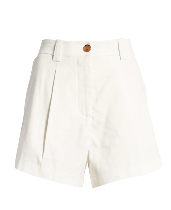 white linen shorts with brown button