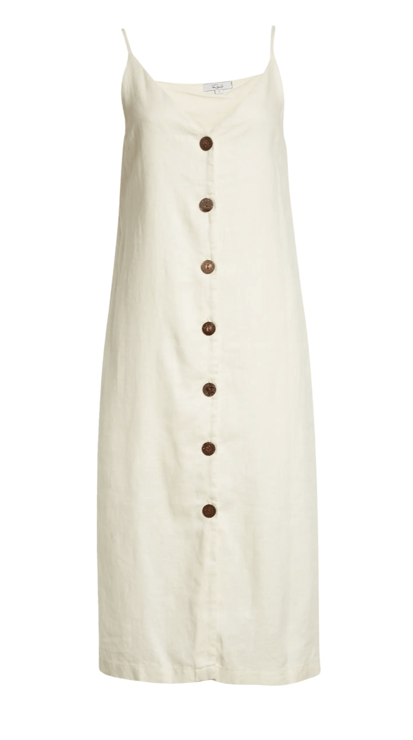 white sleeveless long linen dress with brown buttons down the front