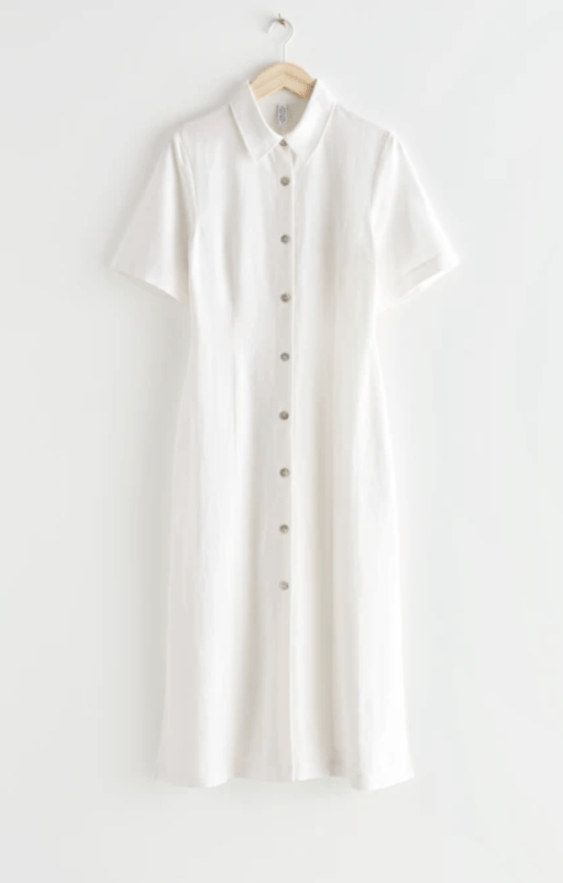 White Linen Button Shirt Midi Dress