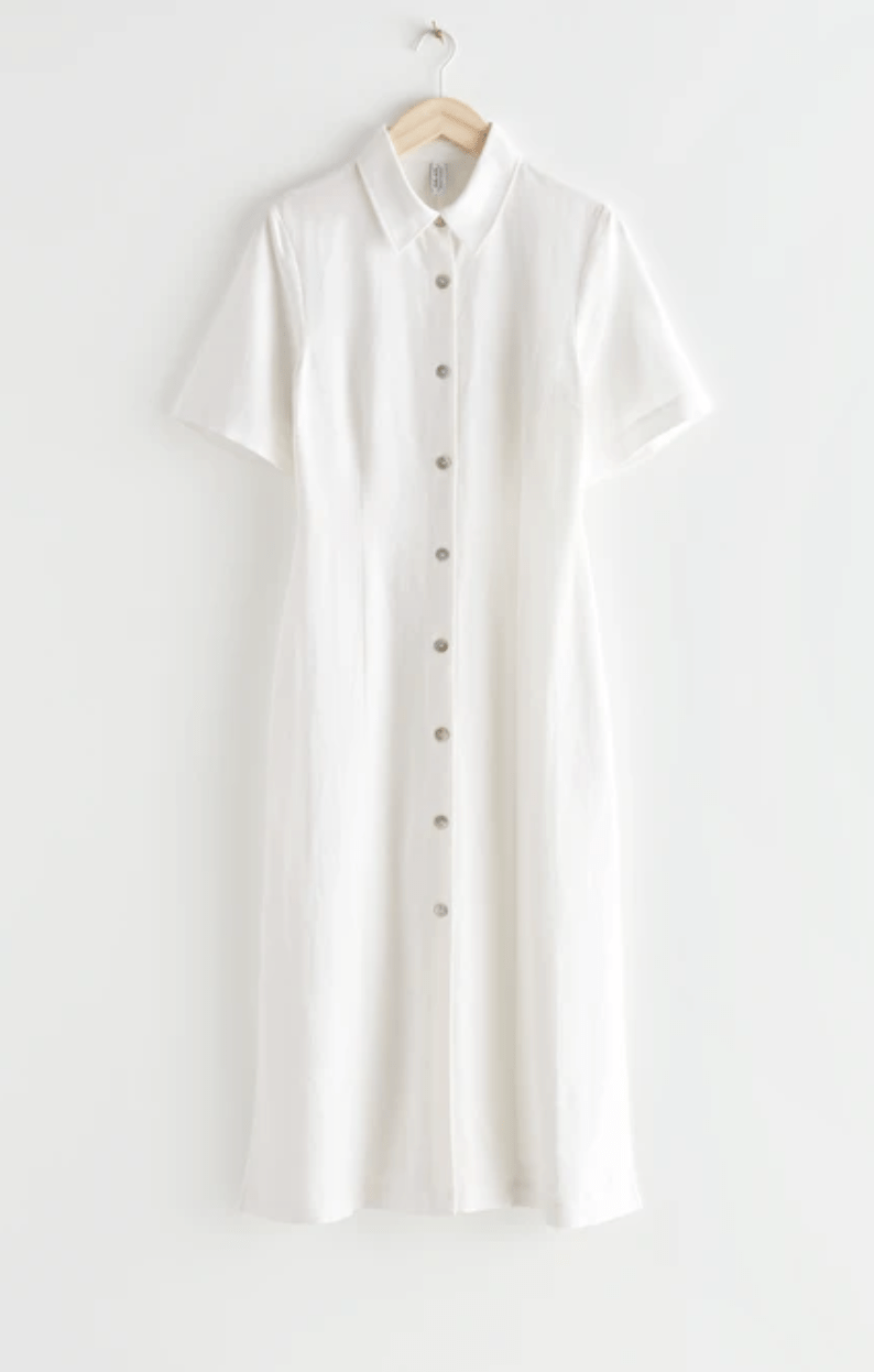 White Linen Button Shirt Midi Dress