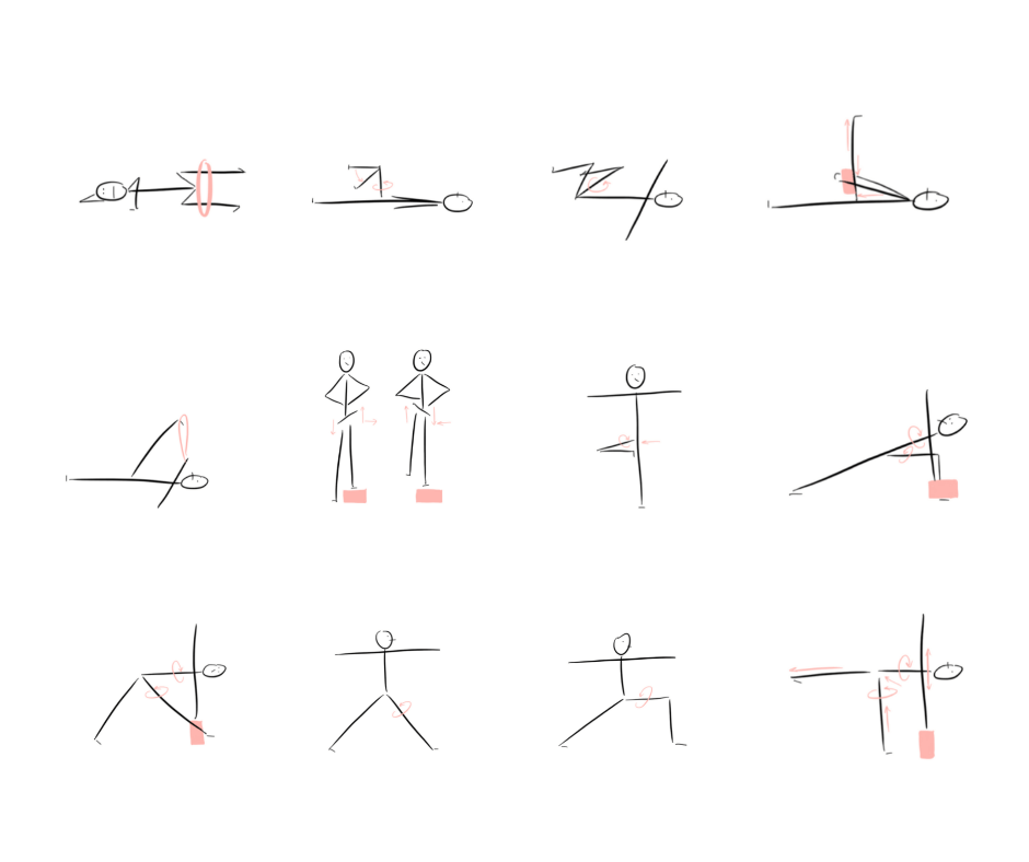 stick figure drawings in black and pink depicting a yoga sequence