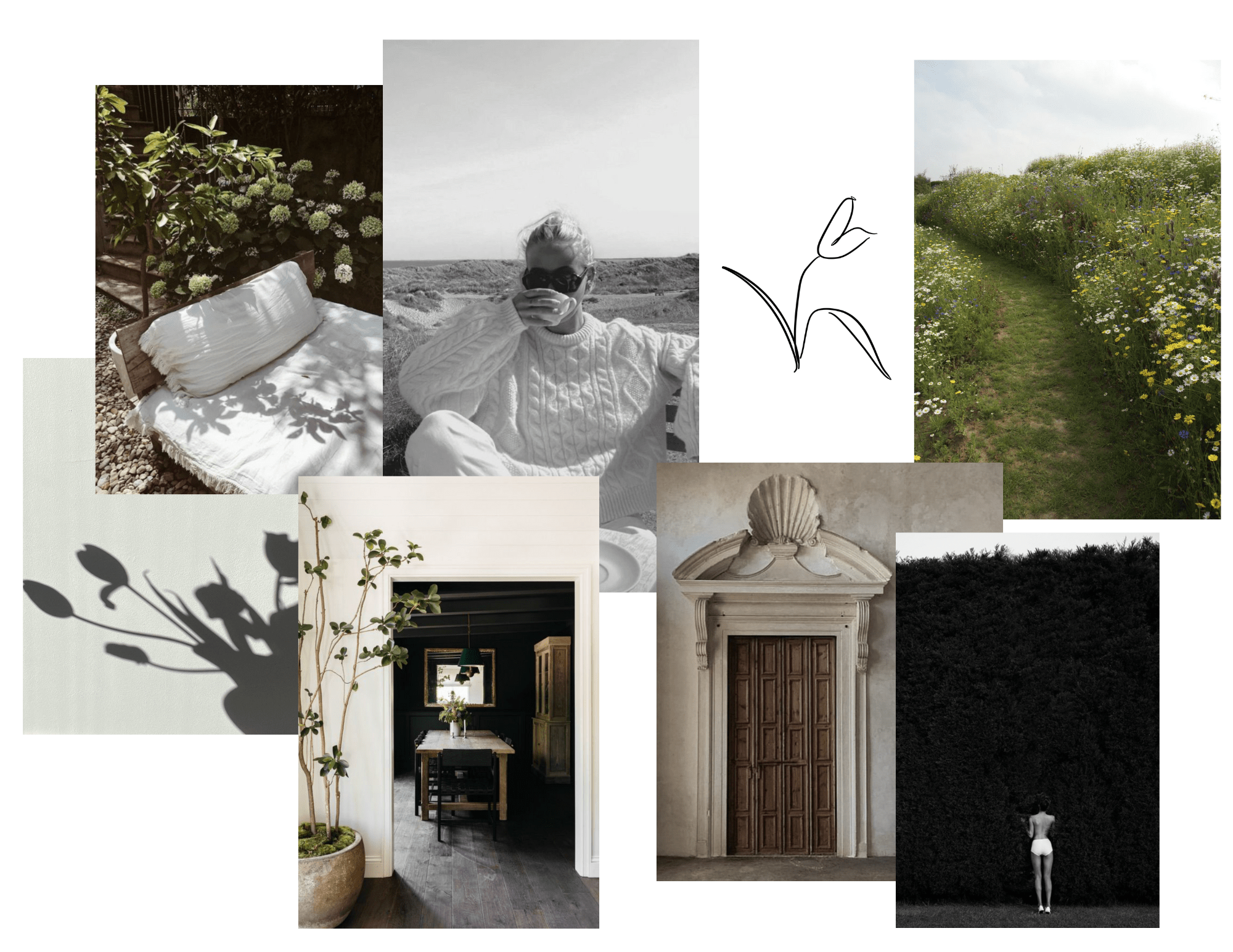 collection of images denoting spring, flowers, woman sipping coffee on beach, pen drawing of tulip, field of wild flowers, shadows of tulips, kitchen, stone archway with shell, black and white imagine of woman wearing white bikini bottom