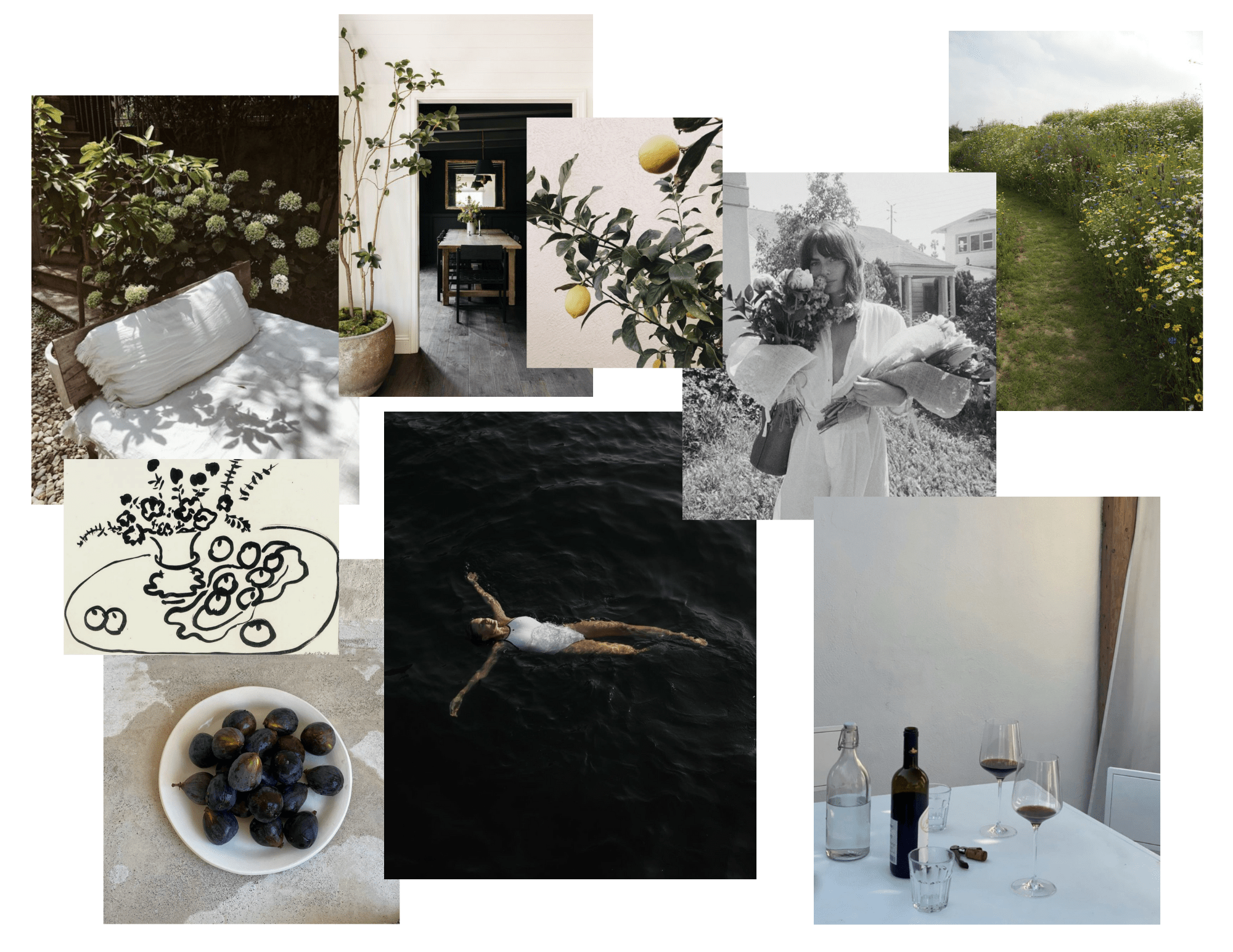 collage of summer inspiration denoting a mood of summer, including a woman swimming in the ocean, a bowl of figs, a woman holding flowers, a couch in the sun, a branch of lemons and a table with wine classes