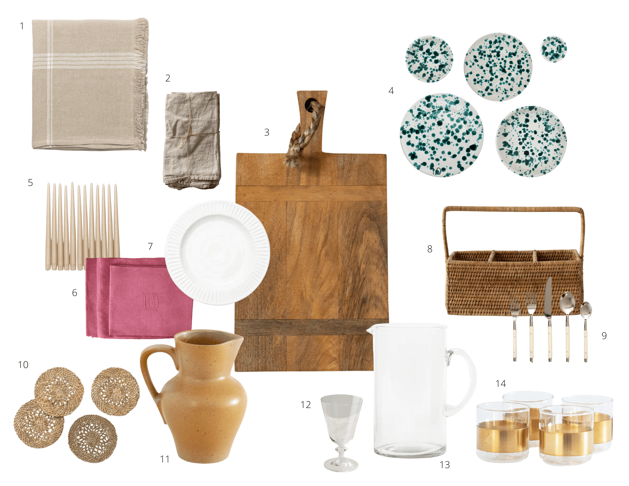 collage of tableware inspiration including napkins, plates, and glasses