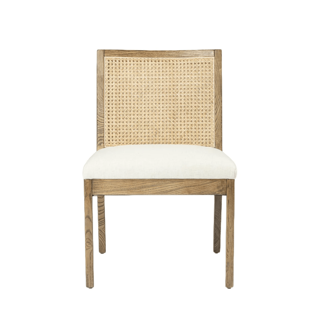 rattan dining chair with white cushion