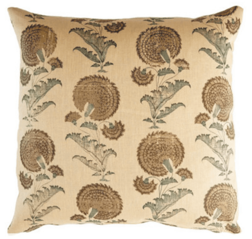 square cream-colored pillow with block print flowers in golden brown and sage green