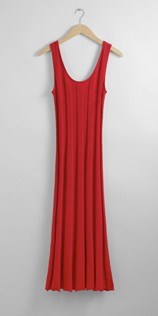 red tank midi dress hanging on coat hanger