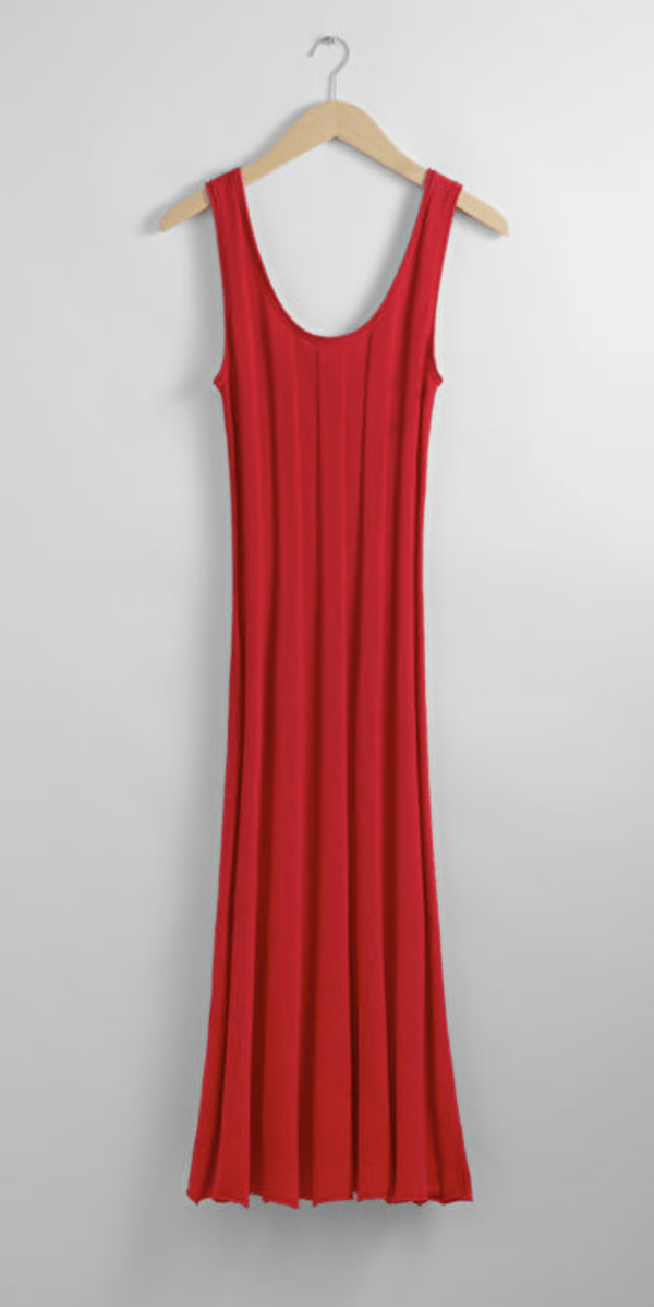 red tank midi dress hanging on coat hanger