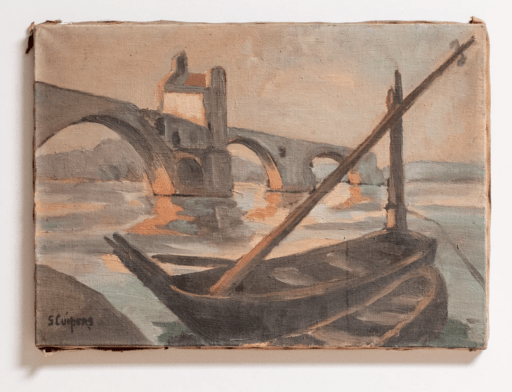 vintage oil painting of a French harbor, bridge, and wooden boats; painting without frame