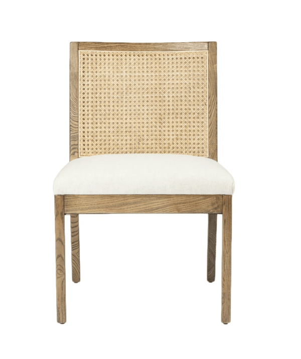 dining chair in wood with cane backing and white linen seat