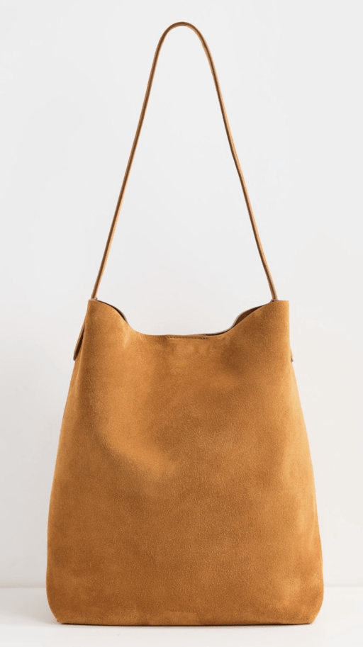 brown suede bucket bag with long strap