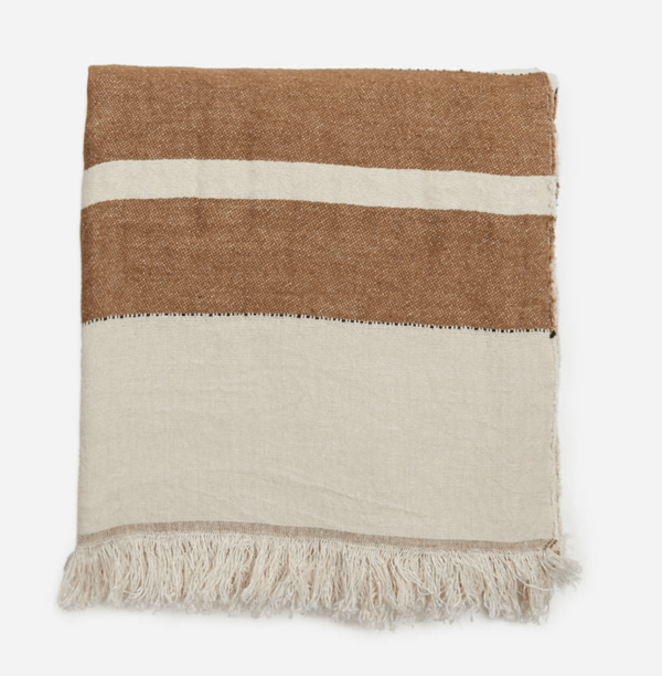 biege tablecloth with two brown stripes and fringe edge