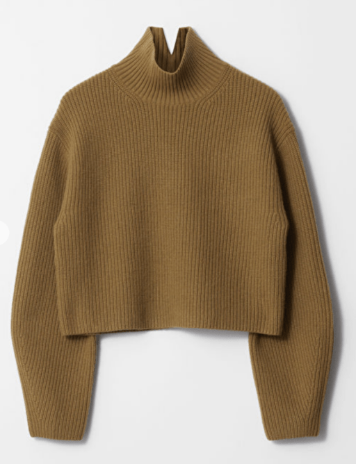 Rib-Knit Turtleneck Jumper in mustard green color