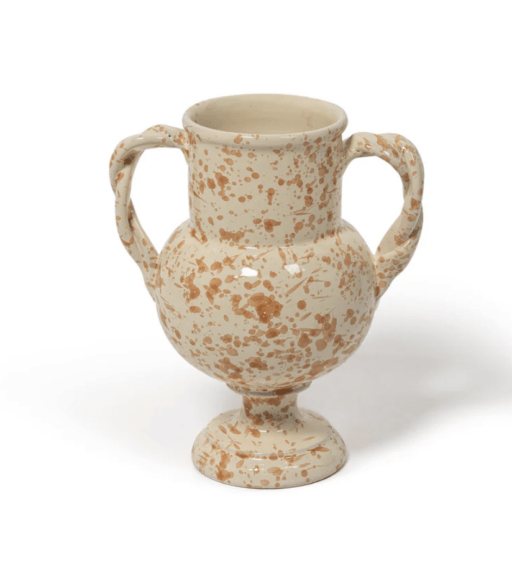 splatterware vase in mustard and cream colors with two handles