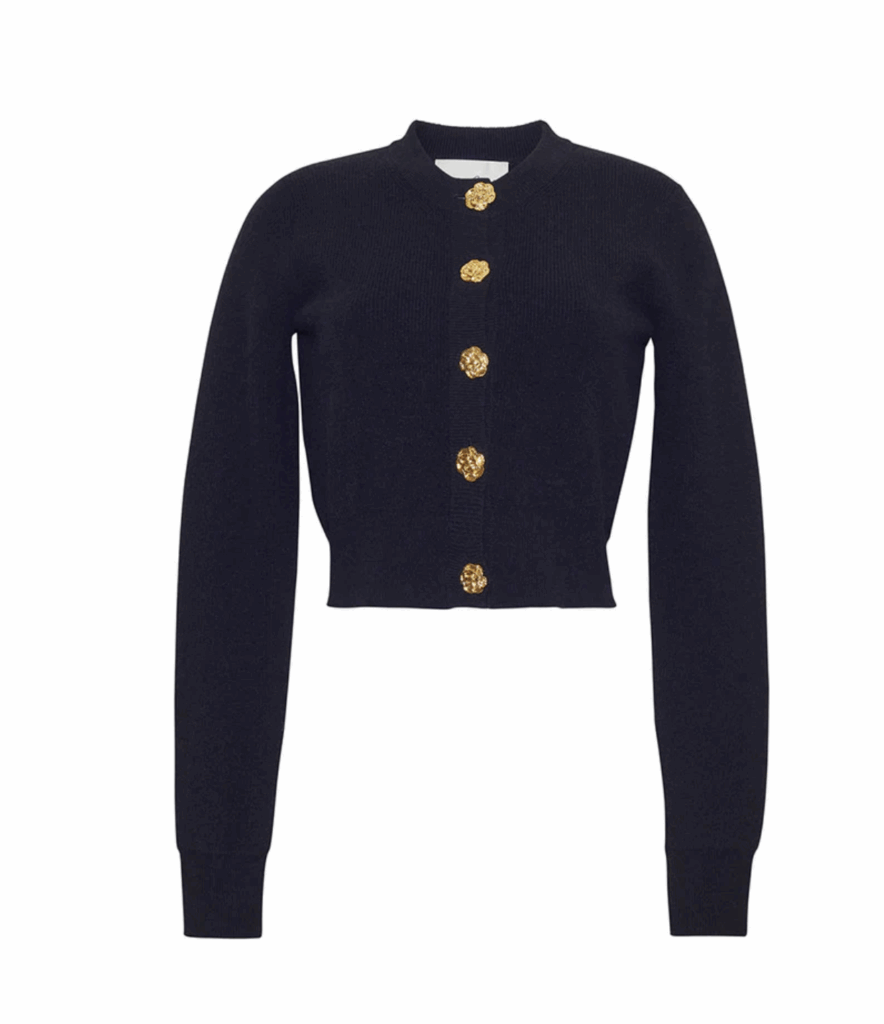 Long-Sleeve Black Cardigan with Gold Floral Buttons