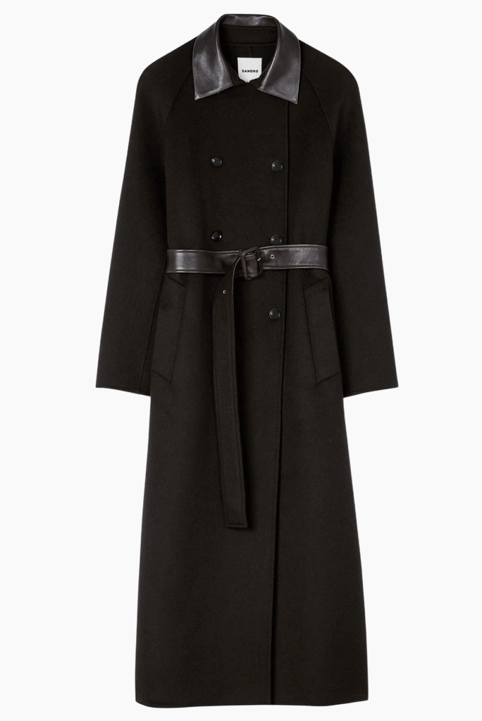 Long Black Wool and Leather Coat