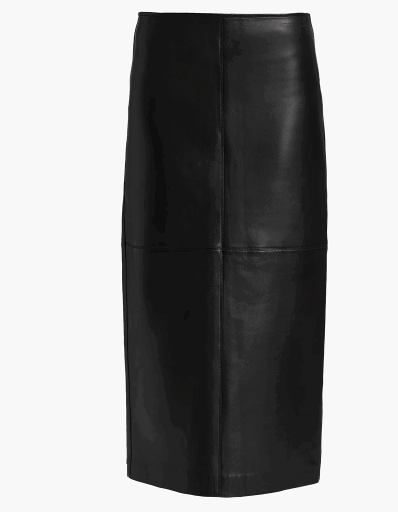 Black Straight Leather Midi Skirt