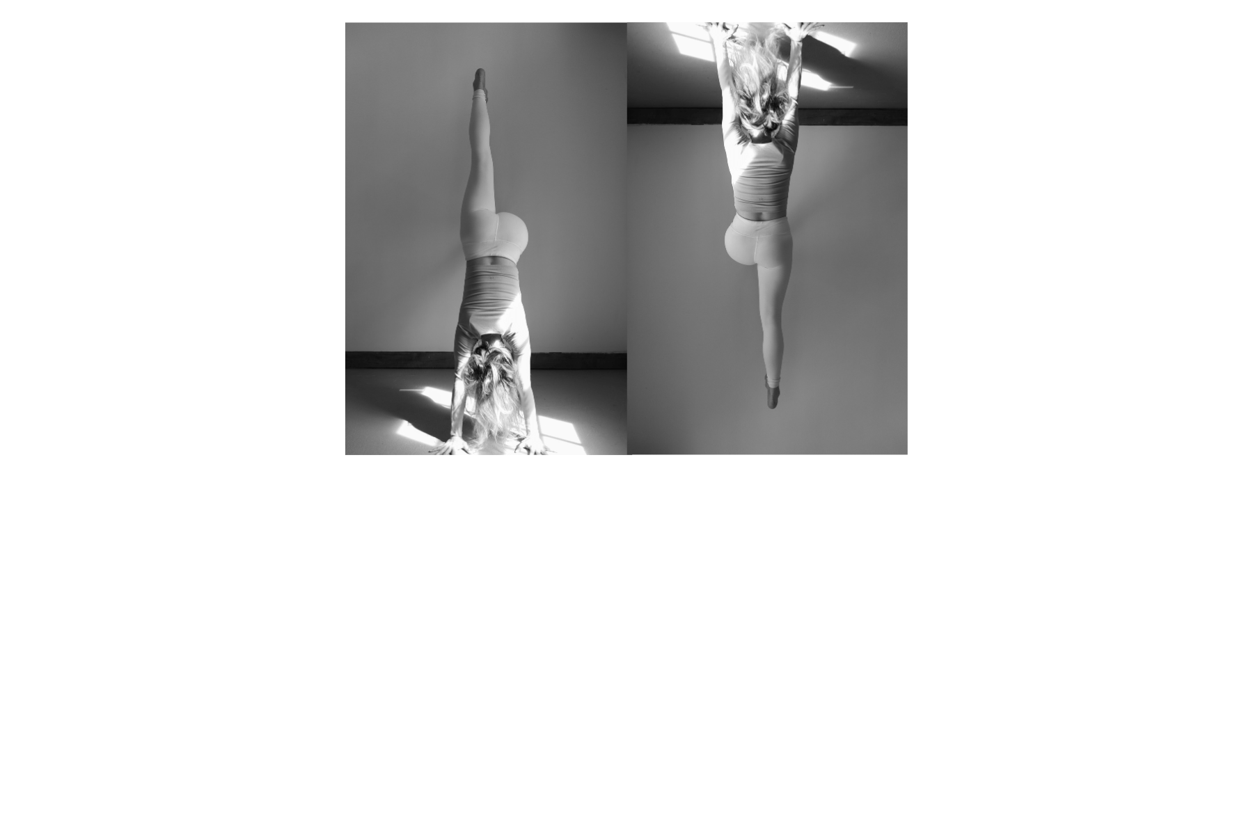 side-by-side b+w images of Chrissy carter in handstand prep at wall, one image is upside-down