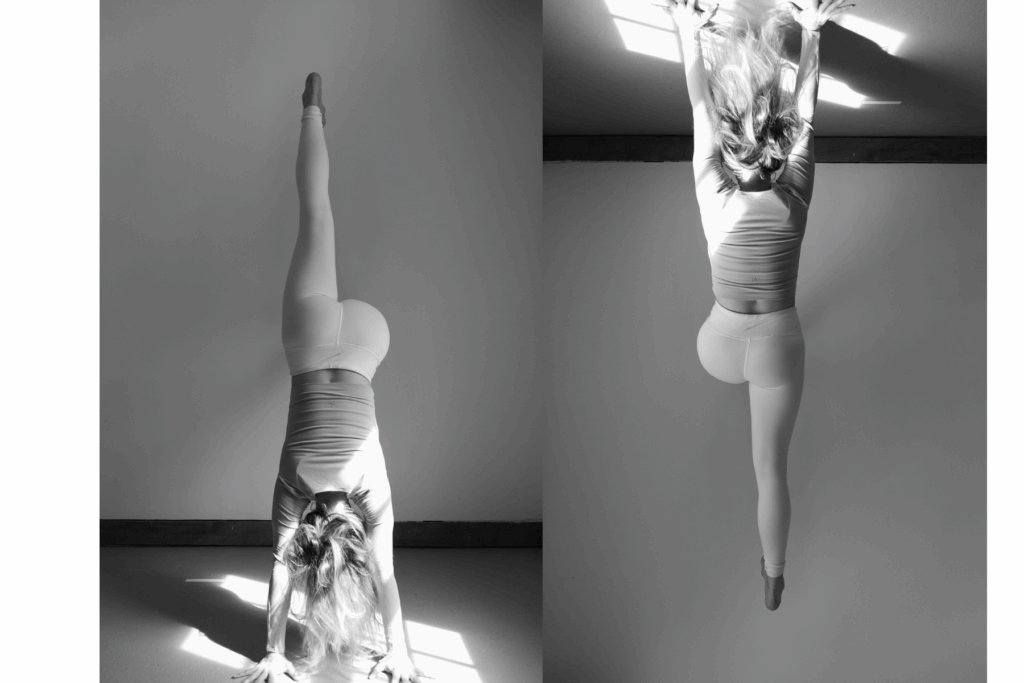 side-by-side black and white images of chrissy carter doing l-shape handstand at the wall, one photo is turned upside-down